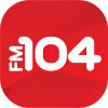 FM104 logo with a graphic design and text is prominently displayed in the center of the graphic design, surrounded by a bold font and symbol.