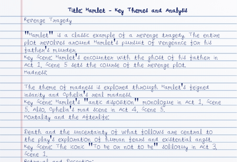 In the image, the key themes and analysis of Shakespeare's play "Hamlet" are explored, with key scenes from the play identified.