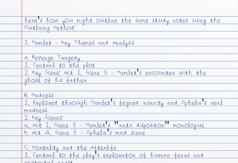 This image is outlining the key themes and analysis of the play "Hamlet" using the outlining method.